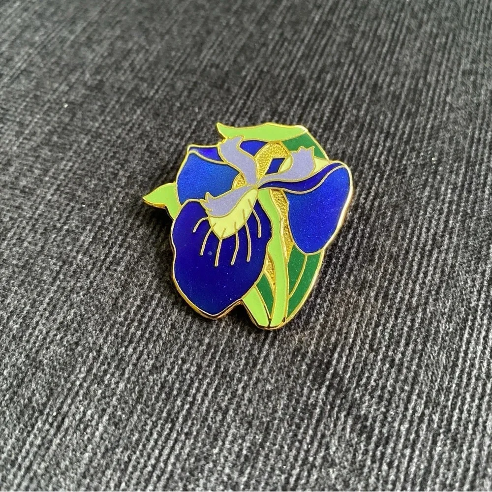Purple Iris Cloisonne Brooch Signed ACE